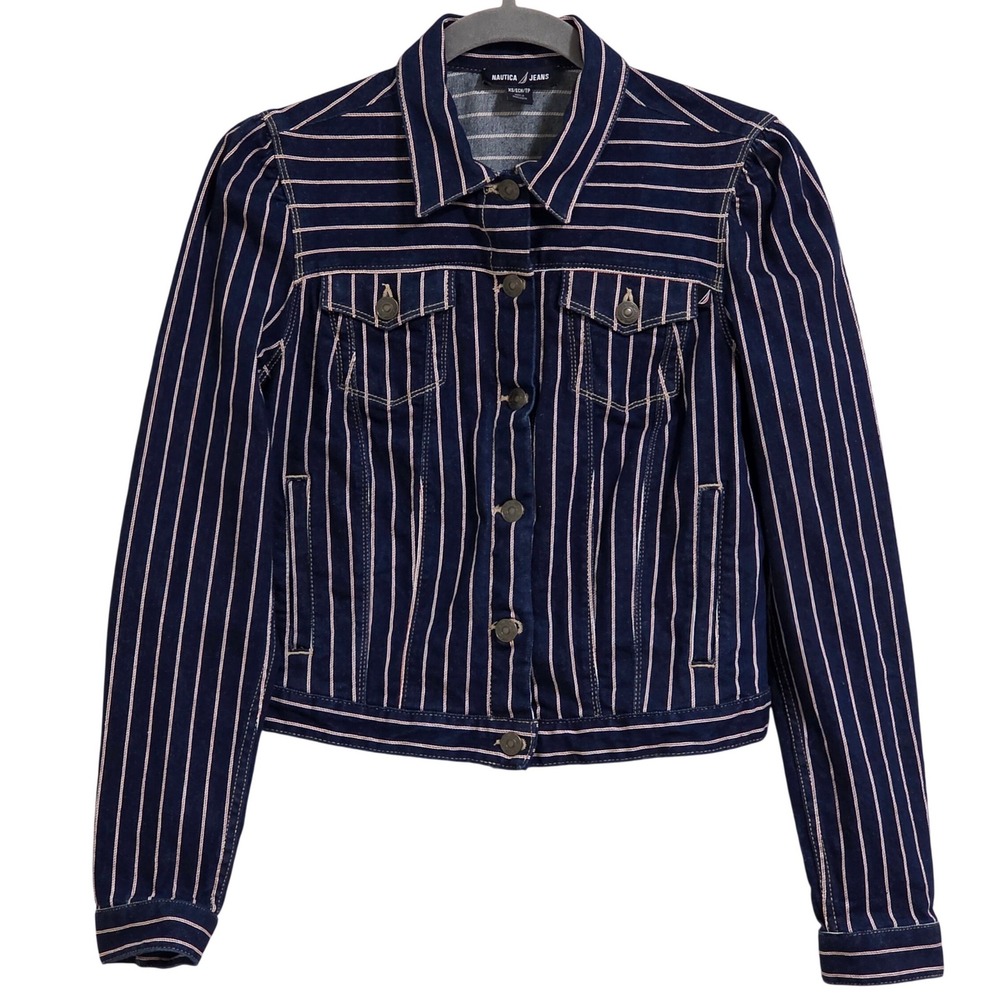 Nautica Jeans Striped Denim Puff Shoulder Jacket Womens XS Denim Navy Blue